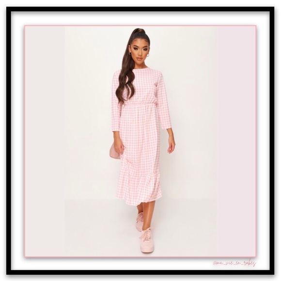 NEW! NWT Light Pink Gingham Ruffle-Hem Midi Dress - Picture 1 of 11